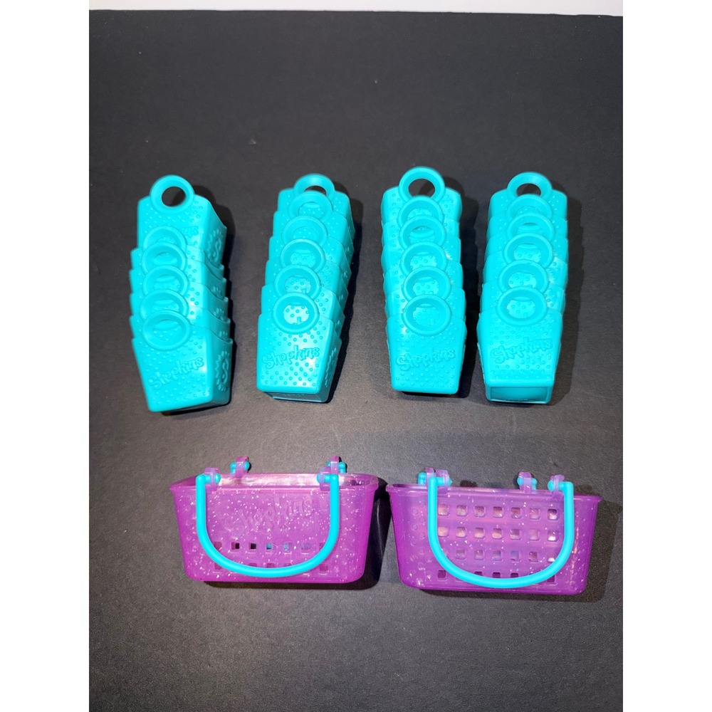 Shopkins Accessories Lot 24 Teal Blue Bags and 2 Purple Glitter Baskets Toy Set